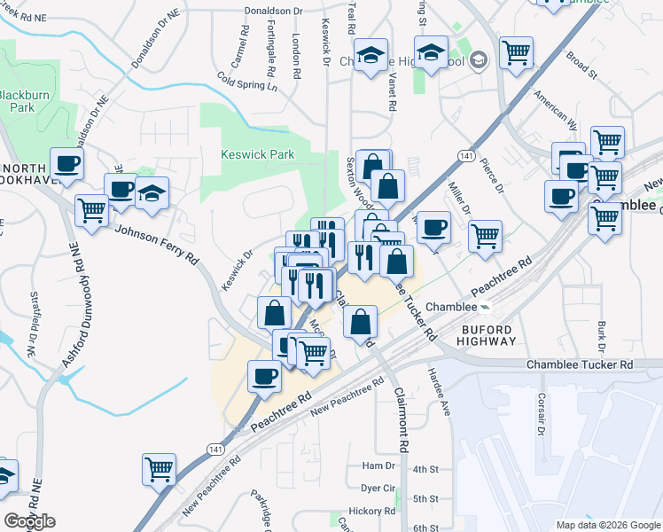 map of restaurants, bars, coffee shops, grocery stores, and more near 5126 Peachtree Boulevard in Chamblee