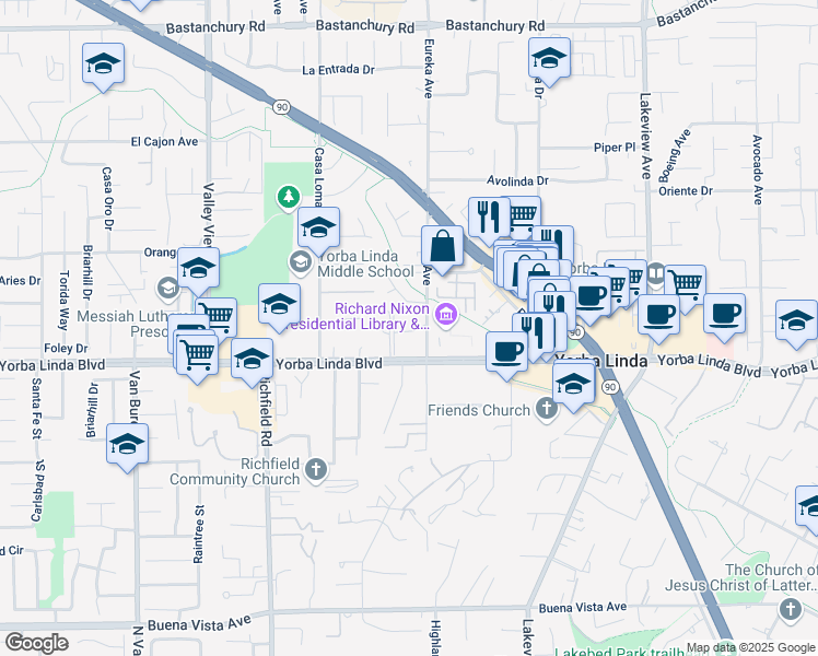 map of restaurants, bars, coffee shops, grocery stores, and more near 17861 Linda Drive in Yorba Linda