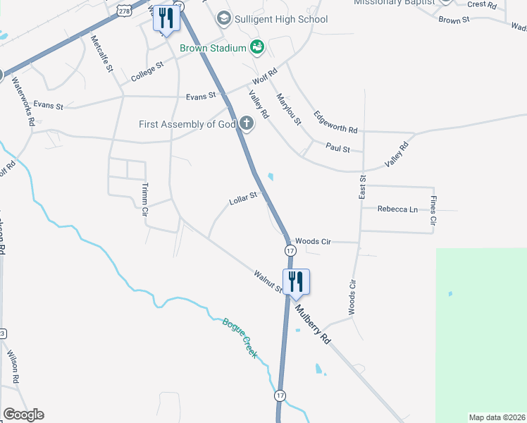 map of restaurants, bars, coffee shops, grocery stores, and more near 54427 Alabama 17 in Sulligent