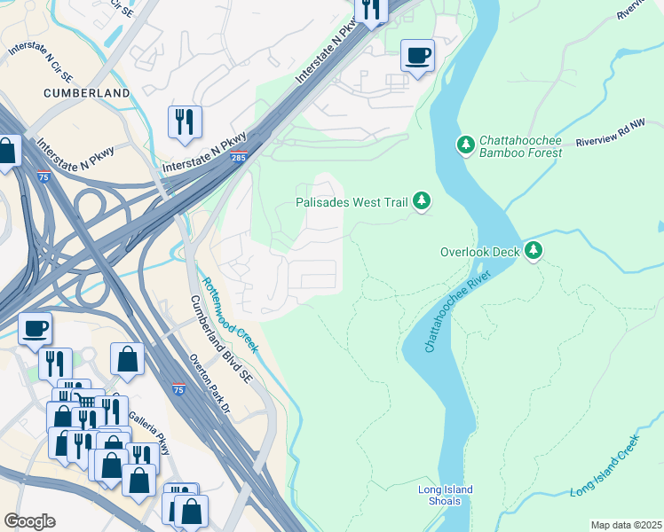 map of restaurants, bars, coffee shops, grocery stores, and more near 3848 Chattahoochee Summit Drive Southeast in Atlanta