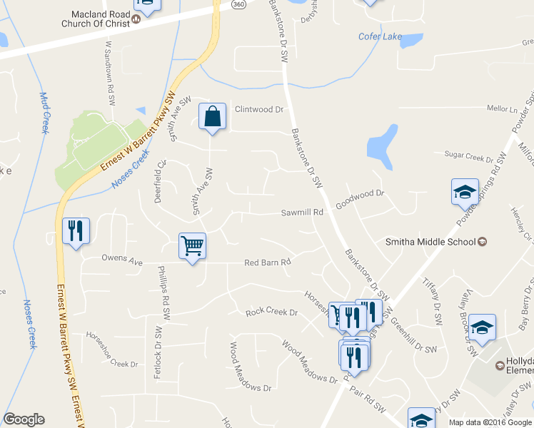 map of restaurants, bars, coffee shops, grocery stores, and more near 2438 Sawmill Road in Marietta