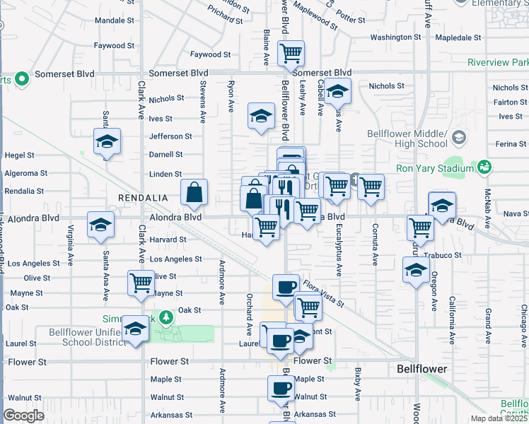map of restaurants, bars, coffee shops, grocery stores, and more near 9727 Alondra Boulevard in Bellflower