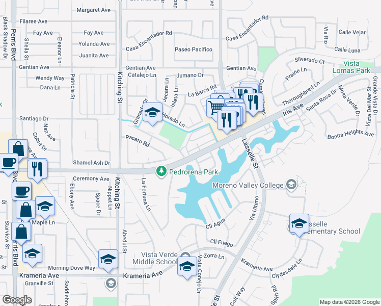 map of restaurants, bars, coffee shops, grocery stores, and more near Iris Park in Moreno Valley