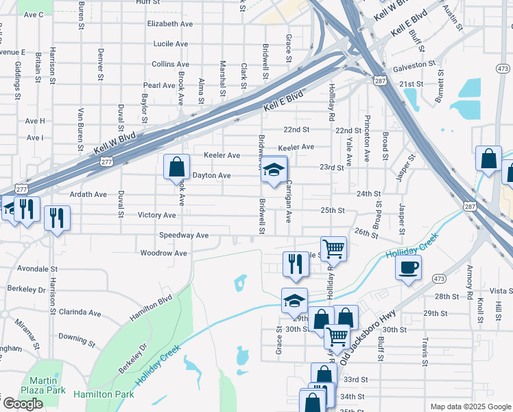 map of restaurants, bars, coffee shops, grocery stores, and more near 2404 Bridwell Street in Wichita Falls