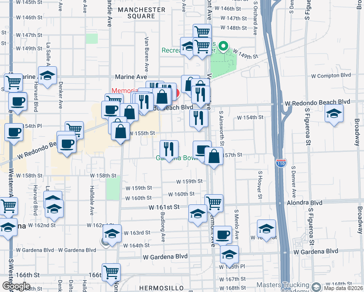 map of restaurants, bars, coffee shops, grocery stores, and more near 15609 Berendo Avenue in Gardena