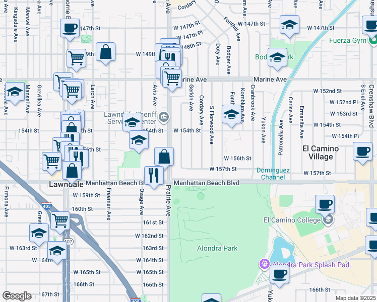 map of restaurants, bars, coffee shops, grocery stores, and more near 15519 Gerkin Avenue in Lawndale