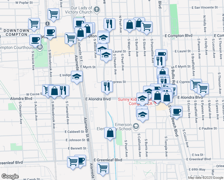 map of restaurants, bars, coffee shops, grocery stores, and more near 720 East Cocoa Street in Compton