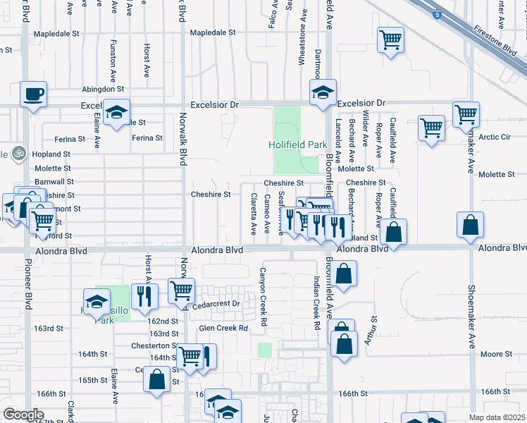 map of restaurants, bars, coffee shops, grocery stores, and more near 15613 Cameo Avenue in Norwalk