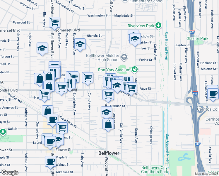 map of restaurants, bars, coffee shops, grocery stores, and more near in Bellflower