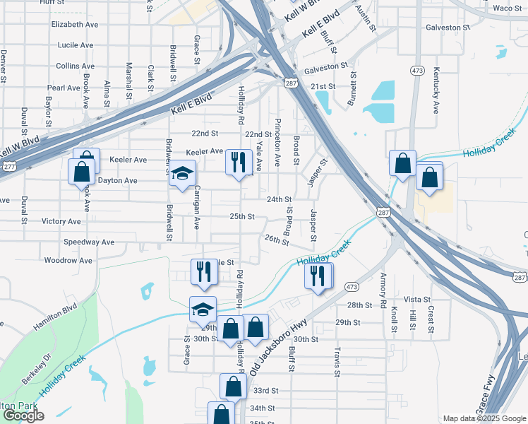 map of restaurants, bars, coffee shops, grocery stores, and more near 1416 25th Street in Wichita Falls