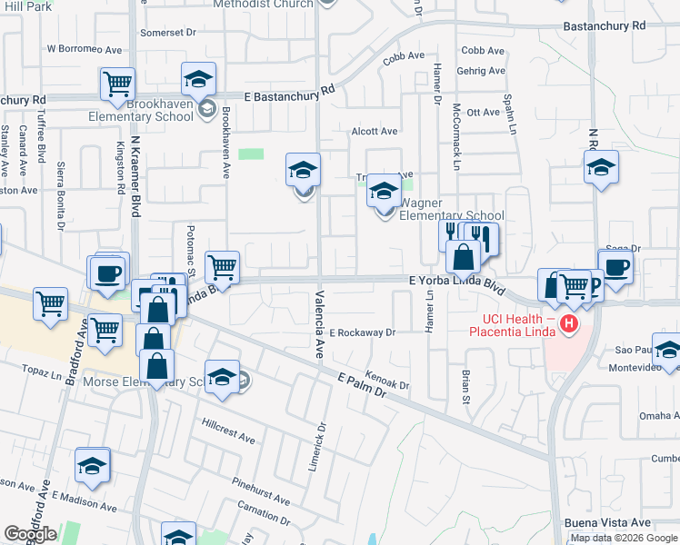 map of restaurants, bars, coffee shops, grocery stores, and more near 619 East Yorba Linda Boulevard in Placentia