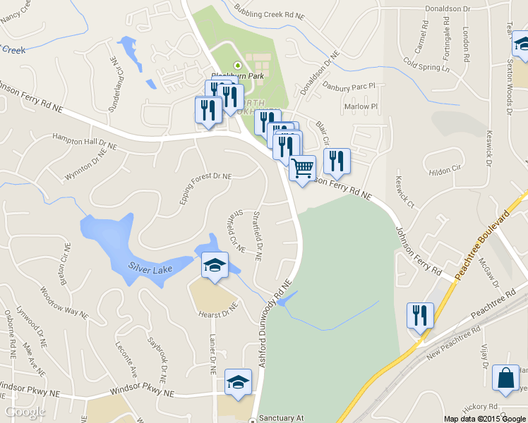 map of restaurants, bars, coffee shops, grocery stores, and more near 1515 Kadleston Way Northeast in Atlanta