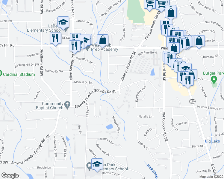 map of restaurants, bars, coffee shops, grocery stores, and more near 195 Smyrna Powder Springs Road Southeast in Smyrna