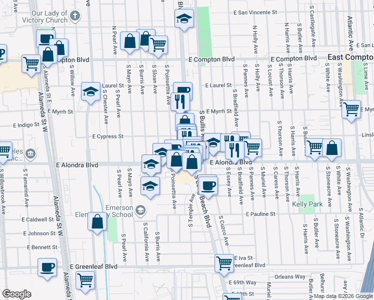 map of restaurants, bars, coffee shops, grocery stores, and more near 805 South Long Beach Boulevard in Compton