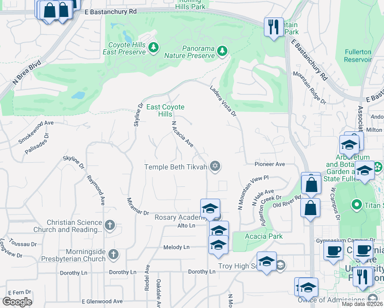 map of restaurants, bars, coffee shops, grocery stores, and more near 1747 North Acacia Avenue in Fullerton