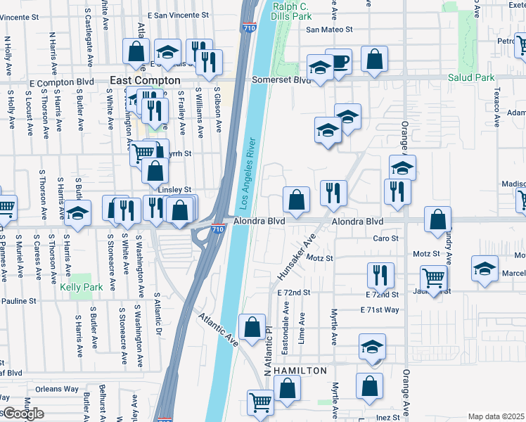 map of restaurants, bars, coffee shops, grocery stores, and more near 6251-6255 Alondra Boulevard in Paramount