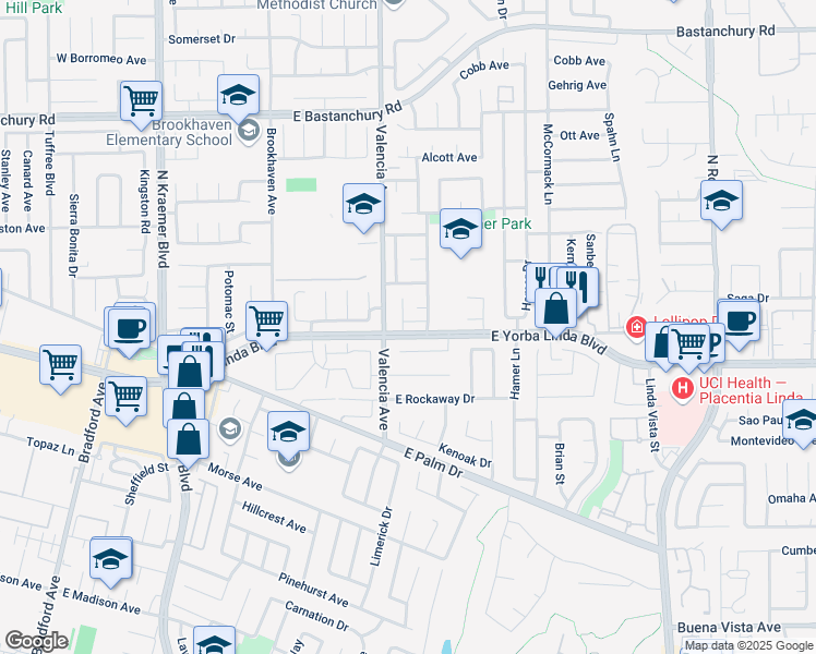 map of restaurants, bars, coffee shops, grocery stores, and more near 619 East Yorba Linda Boulevard in Placentia