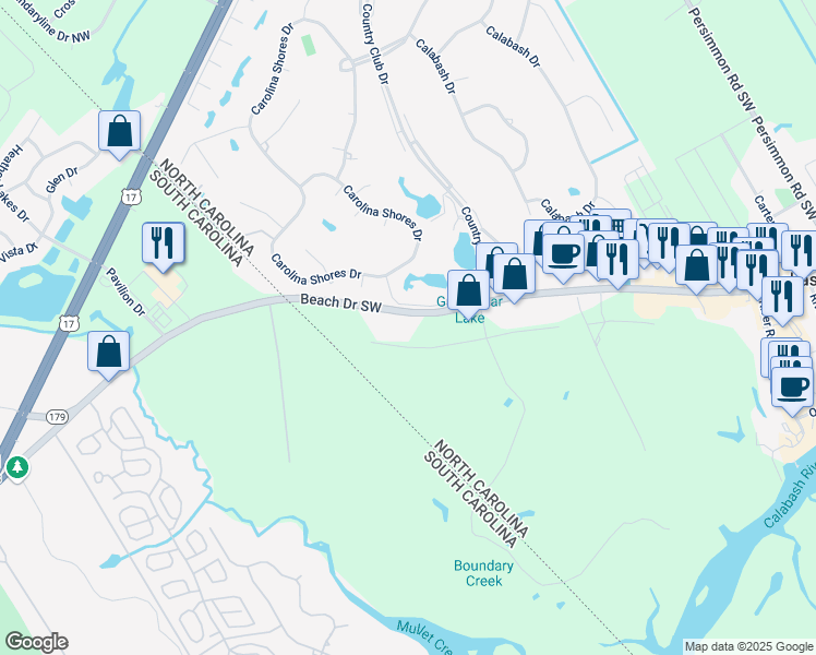 map of restaurants, bars, coffee shops, grocery stores, and more near 10267 North Carolina 179 in Calabash