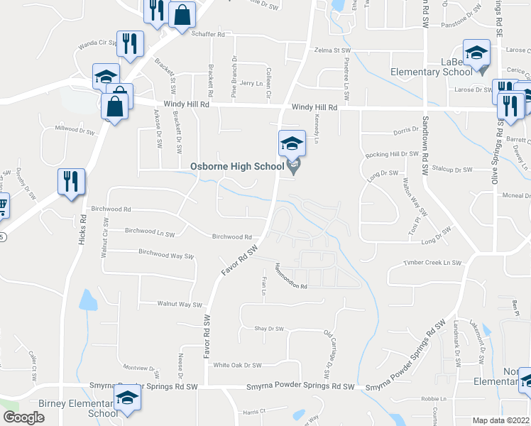 map of restaurants, bars, coffee shops, grocery stores, and more near 500 Favorwood Drive Southwest in Marietta