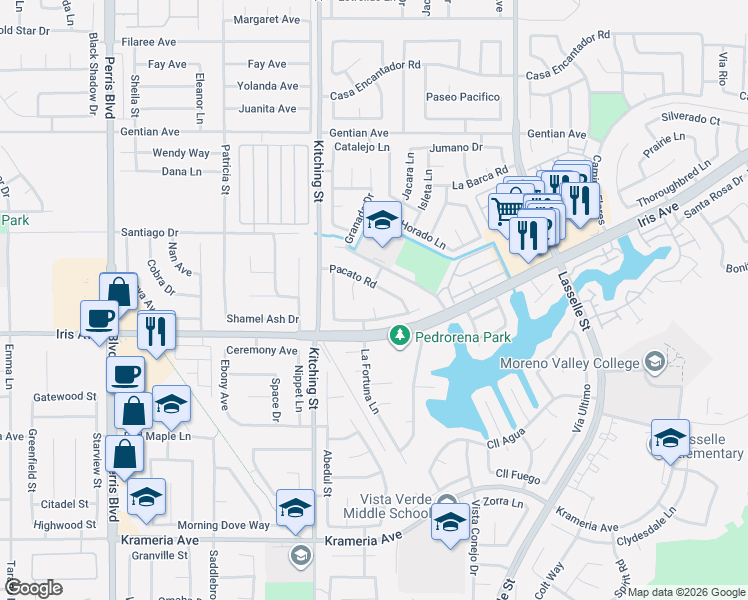 map of restaurants, bars, coffee shops, grocery stores, and more near 25685 Pacato Road in Moreno Valley