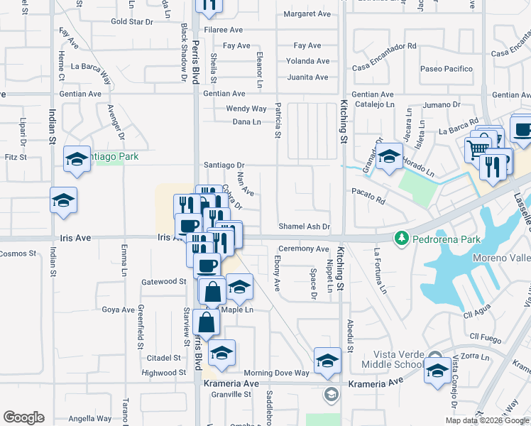 map of restaurants, bars, coffee shops, grocery stores, and more near 15930 Wedow Drive in Moreno Valley