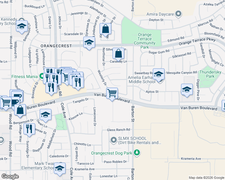 map of restaurants, bars, coffee shops, grocery stores, and more near 19954 Westerly Drive in Riverside