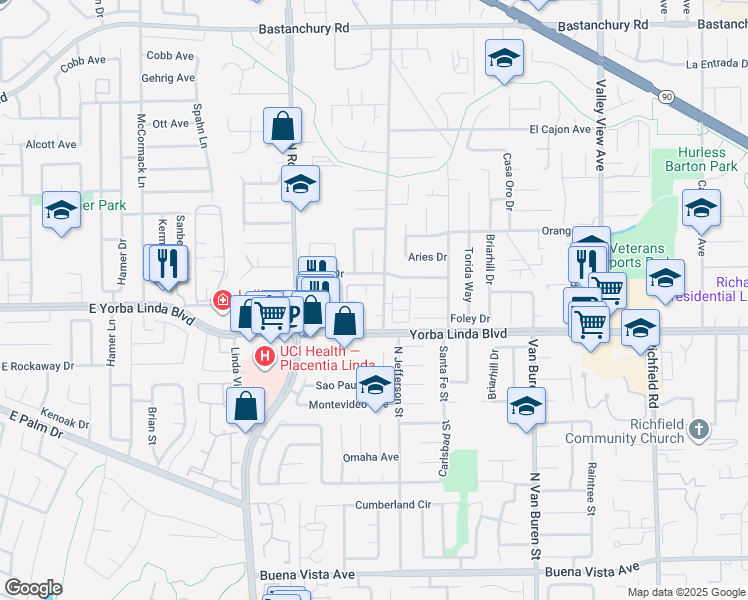 map of restaurants, bars, coffee shops, grocery stores, and more near 1447 Prospect Avenue in Placentia