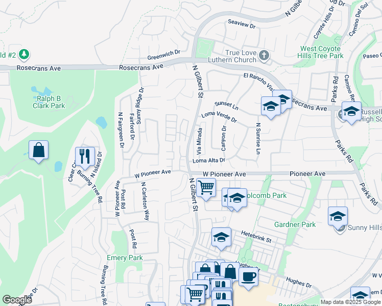map of restaurants, bars, coffee shops, grocery stores, and more near 1616 North Gilbert Street in Fullerton