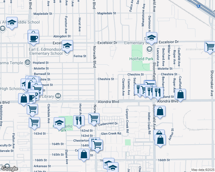 map of restaurants, bars, coffee shops, grocery stores, and more near 15531 Belshire Avenue in Norwalk