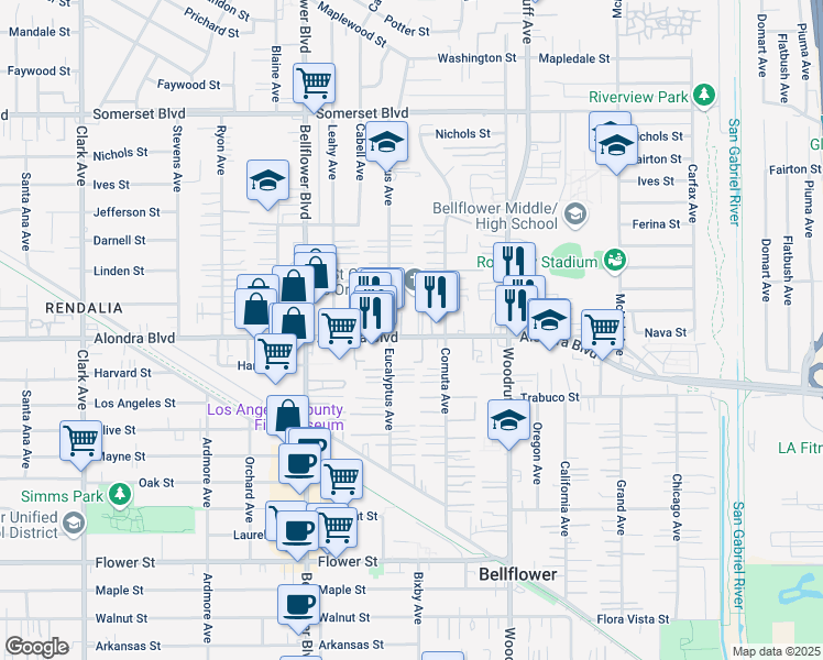 map of restaurants, bars, coffee shops, grocery stores, and more near 10043 Alondra Boulevard in Bellflower