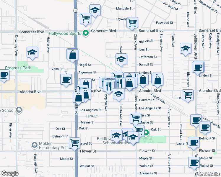 map of restaurants, bars, coffee shops, grocery stores, and more near 9235 Alondra Boulevard in Bellflower