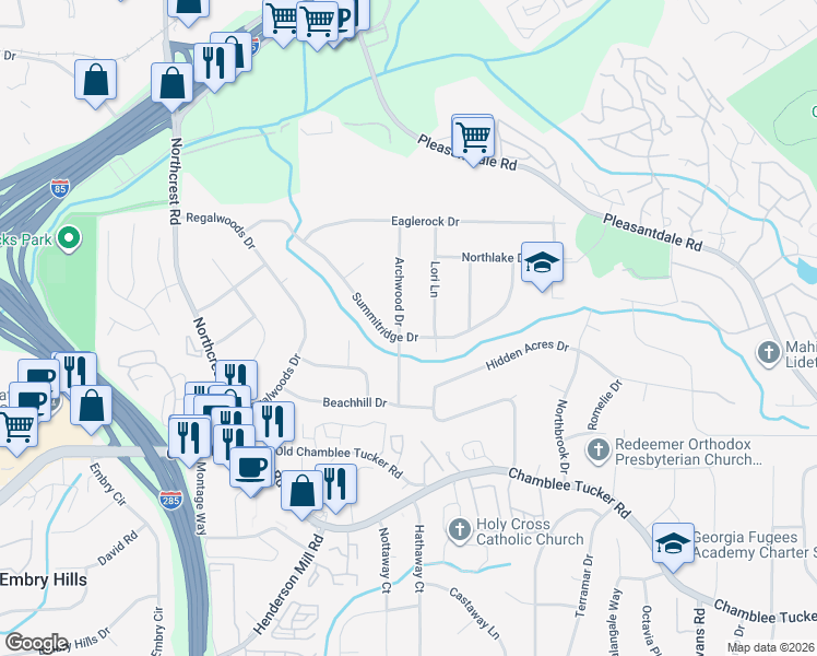 map of restaurants, bars, coffee shops, grocery stores, and more near 3624 Summitridge Drive in Atlanta