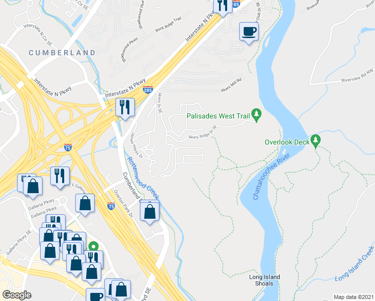 map of restaurants, bars, coffee shops, grocery stores, and more near 3543 Chattahoochee Summit Lane Southeast in Atlanta