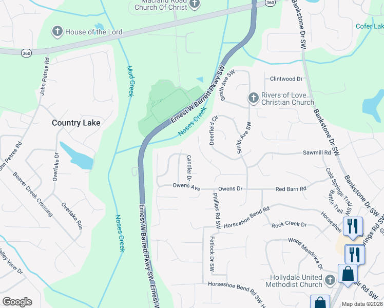 map of restaurants, bars, coffee shops, grocery stores, and more near 2683 Candler Drive in Marietta