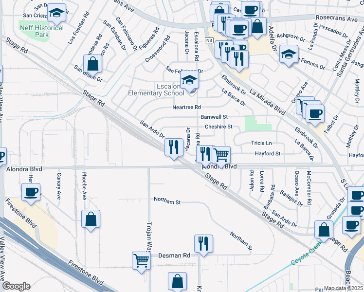 map of restaurants, bars, coffee shops, grocery stores, and more near 14913 San Ardo Drive in La Mirada
