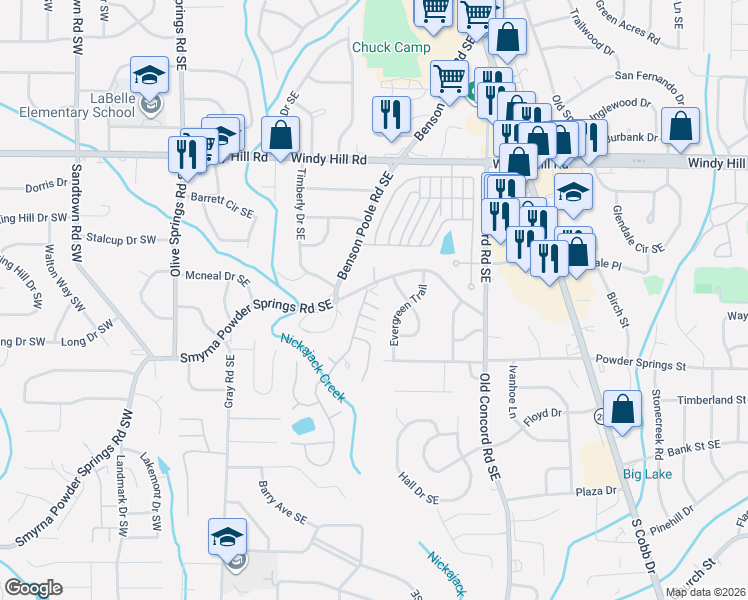 map of restaurants, bars, coffee shops, grocery stores, and more near 2626 Evergreen Drive Southeast in Smyrna