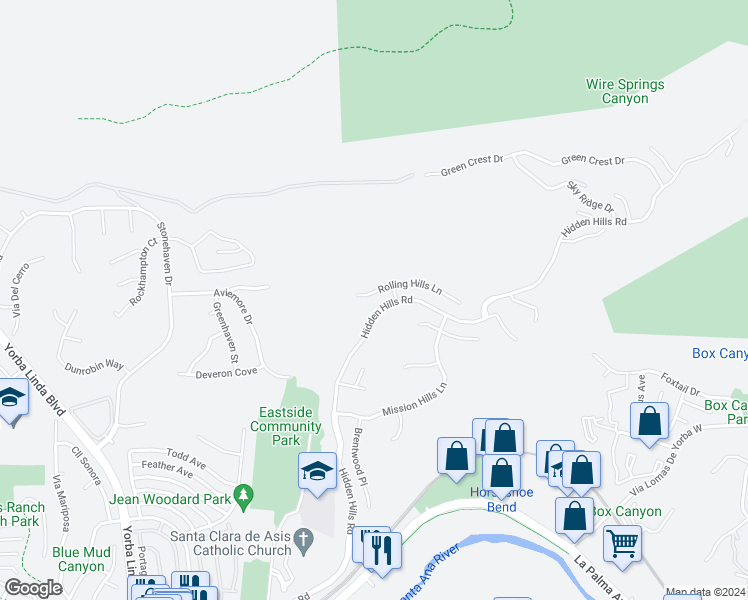 map of restaurants, bars, coffee shops, grocery stores, and more near 22280 Rolling Hills Lane in Yorba Linda
