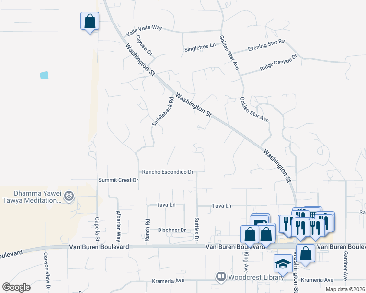 map of restaurants, bars, coffee shops, grocery stores, and more near 15870 Calumet Court in Riverside