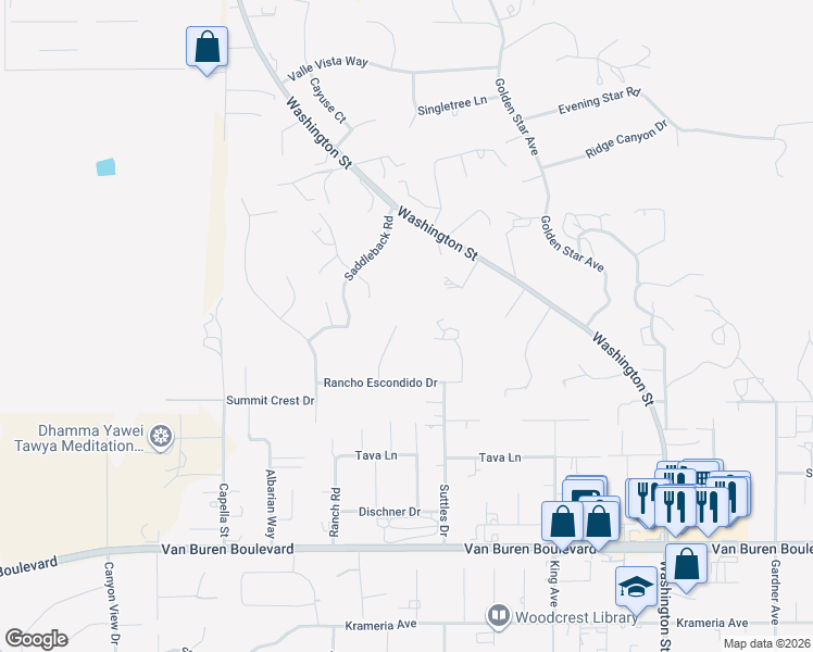 map of restaurants, bars, coffee shops, grocery stores, and more near 15870 Calumet Court in Riverside