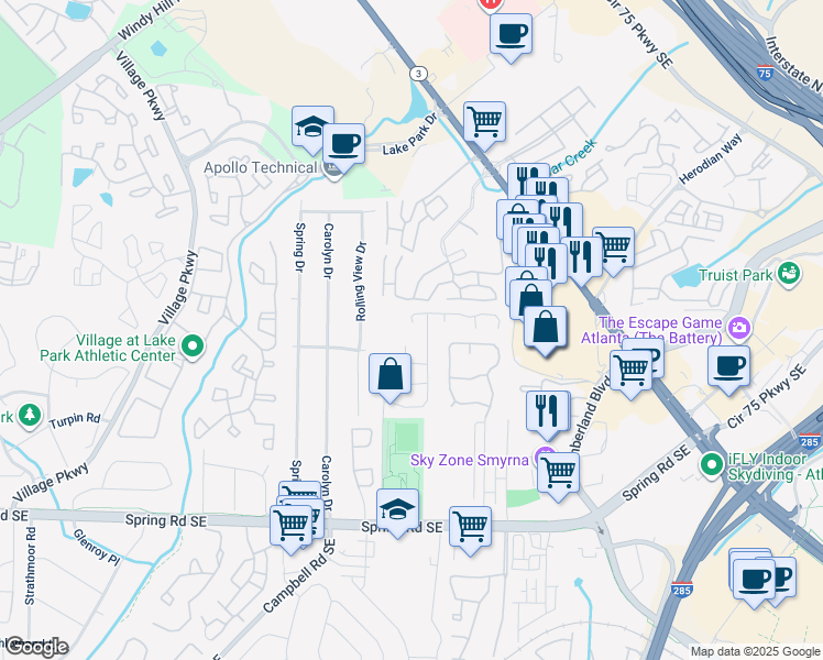 map of restaurants, bars, coffee shops, grocery stores, and more near 1450 Ridgecrest Lane Southeast in Smyrna