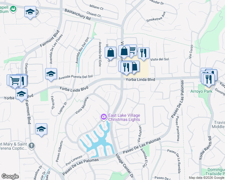 map of restaurants, bars, coffee shops, grocery stores, and more near 5020 Vía Lucia in Yorba Linda