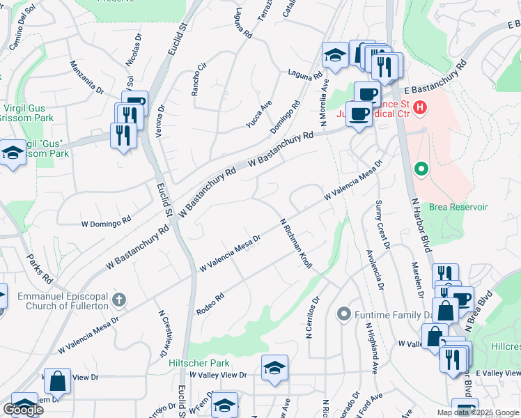 map of restaurants, bars, coffee shops, grocery stores, and more near 1335 North Richman Knoll in Fullerton