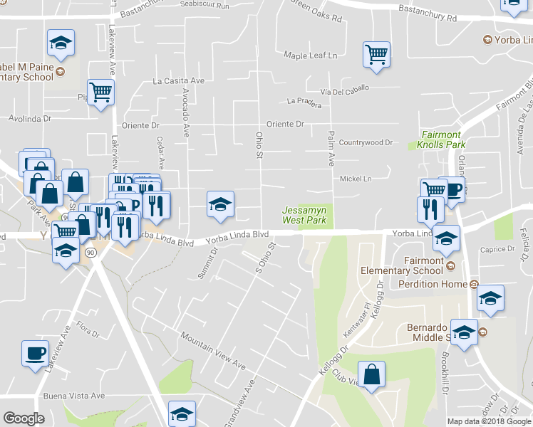 map of restaurants, bars, coffee shops, grocery stores, and more near 4912 Ohio Street in Yorba Linda