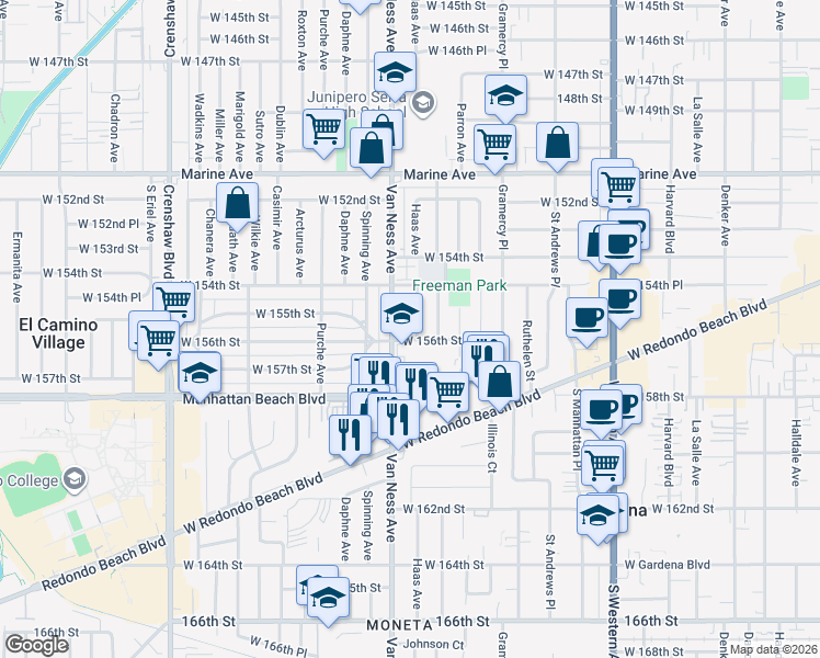 map of restaurants, bars, coffee shops, grocery stores, and more near 15513 Haas Avenue in Gardena