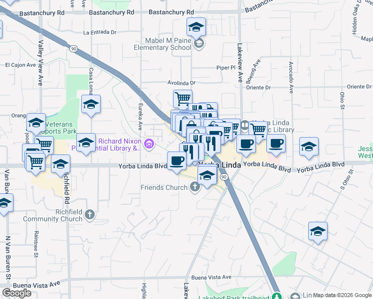 map of restaurants, bars, coffee shops, grocery stores, and more near 4922 Park Place in Yorba Linda
