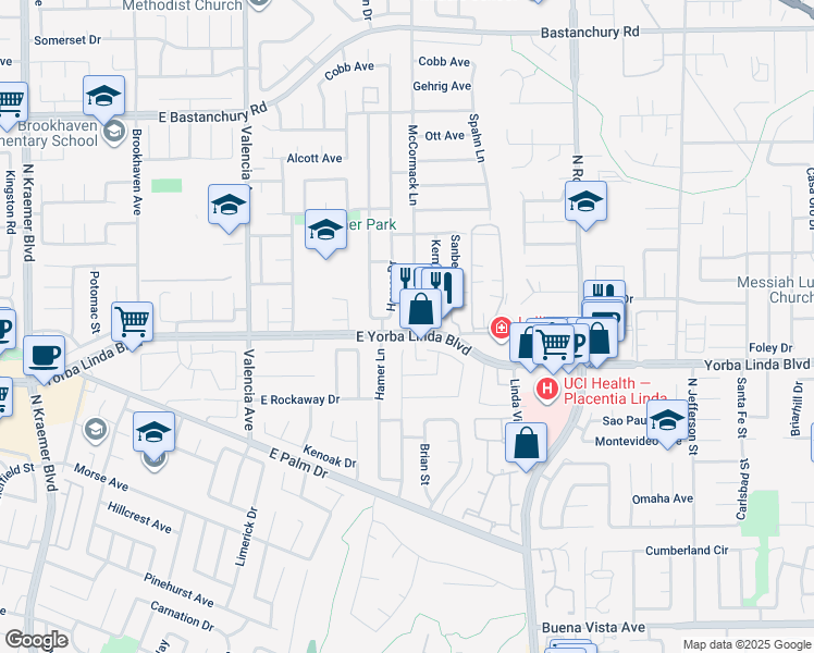 map of restaurants, bars, coffee shops, grocery stores, and more near 4962 Hamer Drive in Placentia