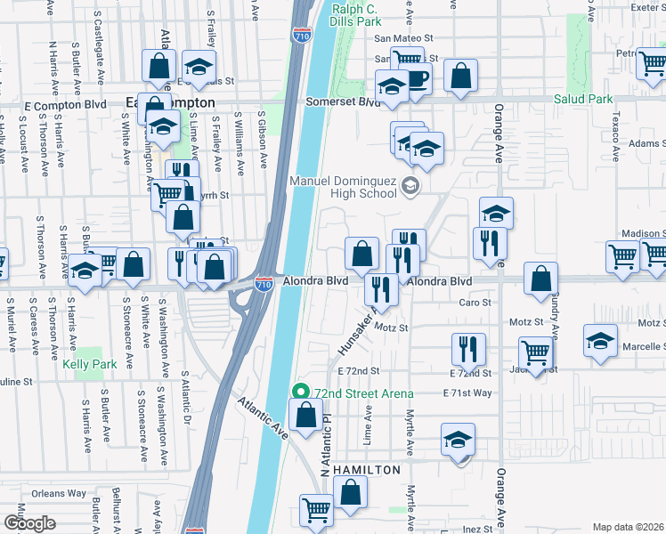 map of restaurants, bars, coffee shops, grocery stores, and more near 16306 Atlantic Pl in Paramount