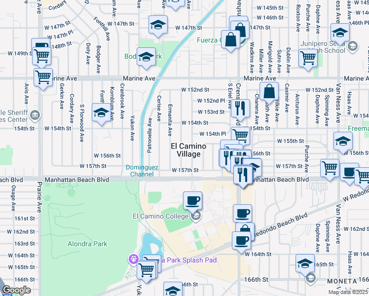 map of restaurants, bars, coffee shops, grocery stores, and more near 15522 Faysmith Avenue in Gardena