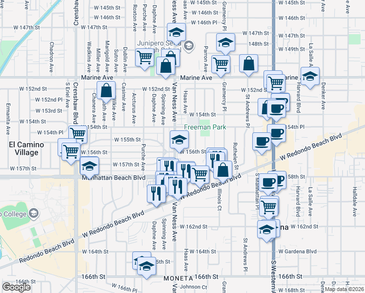 map of restaurants, bars, coffee shops, grocery stores, and more near 15513 Haas Avenue in Gardena