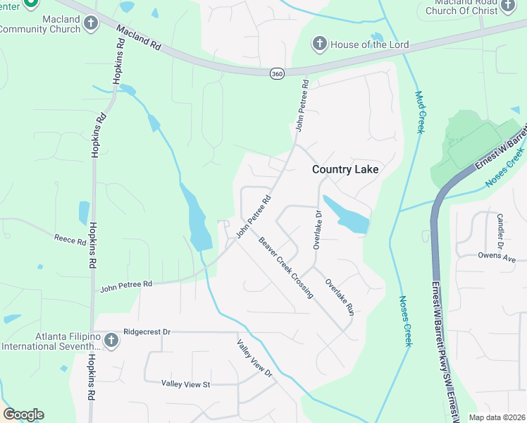 map of restaurants, bars, coffee shops, grocery stores, and more near 2637 John Petree Road in Powder Springs